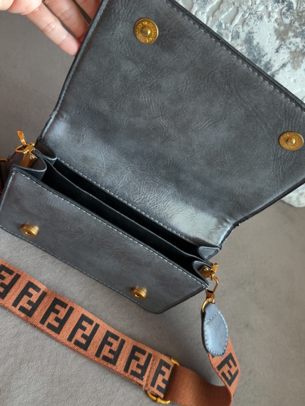 Fendi FF Embossed Crossbody in Black and Brown Strap - Picture 2 of 3